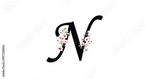 Elegant cursive letter n is delicately decorated with clusters of small pink flowers and thin green stems on a white background.