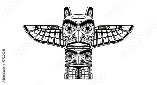 Black and white illustration of a totem pole with carved faces.