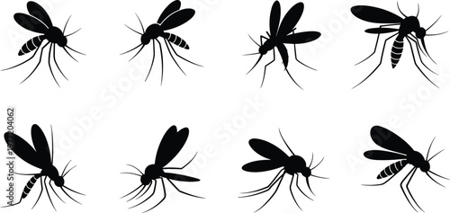 Set of Black Mosquito Vector Silhouettes in Various Poses for Public Health Education Malaria Prevention Disease Control and Insect Pest Awareness Graphic Design Projects.