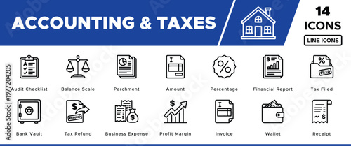 Accounting and Taxes Line Icons, 14 vector financial and business symbols, audit checklist, balance scale, profit margin, tax refund, invoice, receipt, wallet, bank vault, percentage