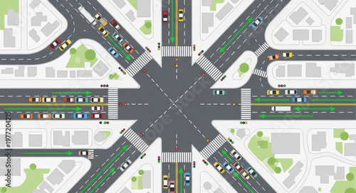 Aerial View of a Busy City Intersection with Traffic.