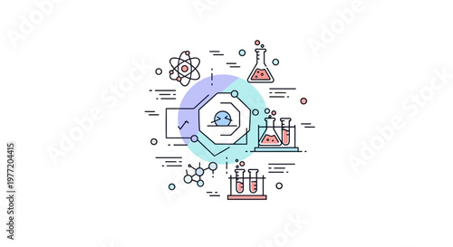 Illustrated scientific laboratory concept with atom, beakers, and molecular structure design