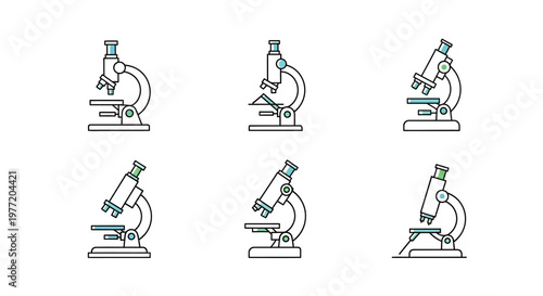 Illustrated scientific microscopes in different positions for research and educational purposes