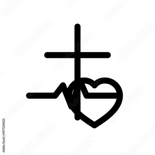Medical, healthcare, and faith symbols, cross and heart rate line vector icon