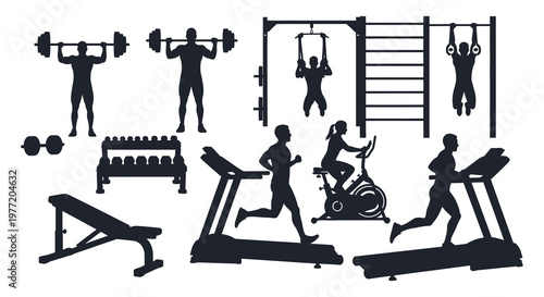 Diverse gym equipment and people exercising in a stark black silhouette