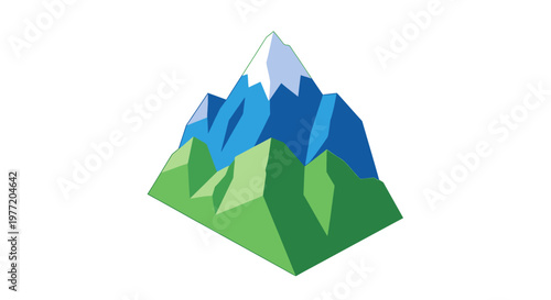 Geometric illustration of stylized mountainous terrain featuring shades of blue and green
