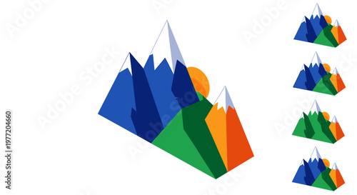 Geometric Mountain Landscape with Sun and Variations, Clean Design, Isometric Style