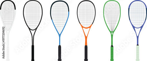 A set of multi-colored squash rackets