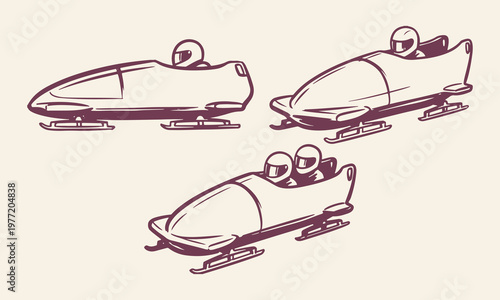 Hand Drawn Bobsleigh Silhouette Vector Illustration Set with Winter Sport Sled Team Racing and Olympic Design.