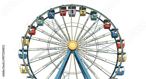Ferris wheel with colorful gondolas rotating against a clear white background representing amusement park fun and games.