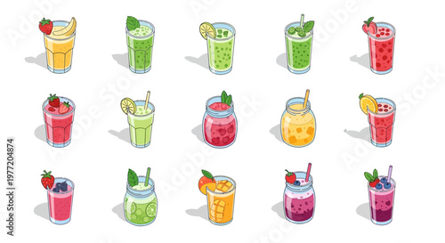 Illustrated Assortment of Colorful and Refreshing Fruit Smoothies and Beverages in Glasses