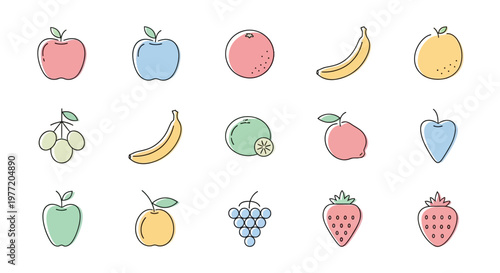 Illustrated collection of fresh colorful fruits with outlines and artistic vibrant hues