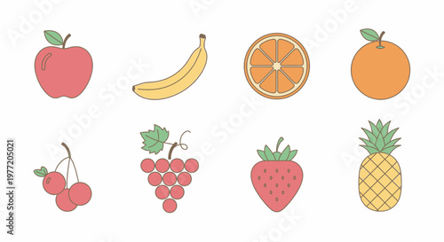 Illustrated fruits array in cartoon style representing healthy food and balanced nutrition