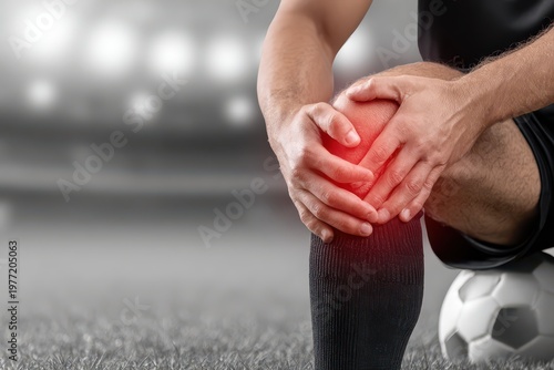 Soccer player holding injured knee with red pain indicator, sitting on a soccer ball on grass.