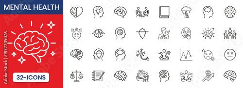 Minimalist Black Outline Mental Health Concept Vector Icons