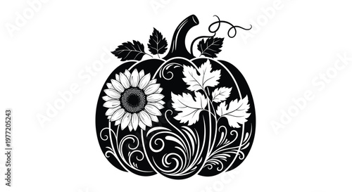Black and white illustration of a pumpkin decorated with a sunflower and ornate swirls for autumn and harvest celebrations.