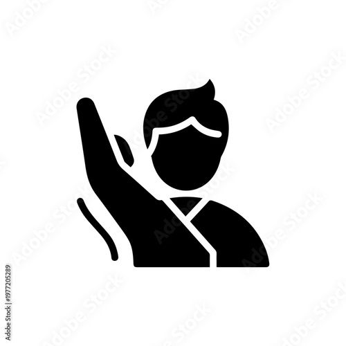 Simple black glyph icon of a hand protecting a person, symbolizing care and safety