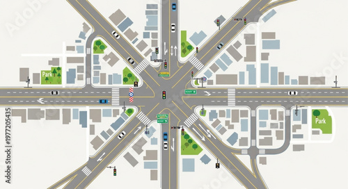 Aerial View of a Complex Urban Intersection with Multiple Roads.