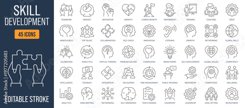 Skill development icons, such as teamwork, mindset, employee, motivation, empathy, leadership and more. Editable stroke line icons collection.