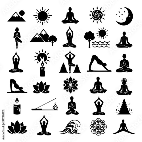Spiritual retreat and wellness icon set featuring yoga poses and nature elements
