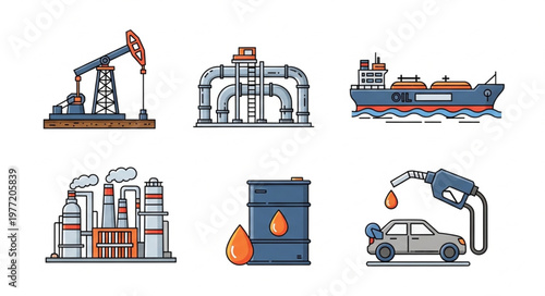 Oil and Gas Industry Icons - Extraction, Processing, and Transportation.