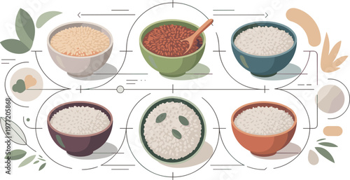 Rice varieties in colorful bowls with grains, seeds, and organic elements, modern food composition vector illustration in earthy tones