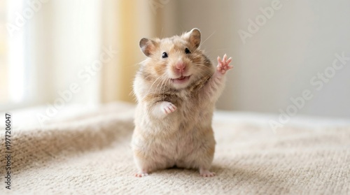 Adorable hamster standing on hind legs waving with a cute expression on its face looking happy and playful on a soft textured surface