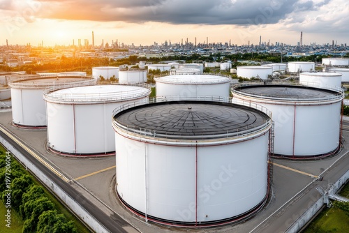 Aerial view of a vast industrial complex with large storage tanks under a dramatic sunset sky.