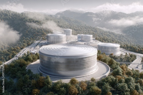 Modern industrial storage tanks nestled within a lush, misty mountain landscape with a winding road.