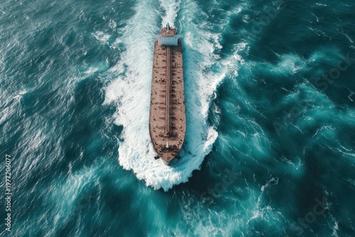 Aerial view of a large cargo ship sailing through turbulent turquoise ocean waters, creating white foam.