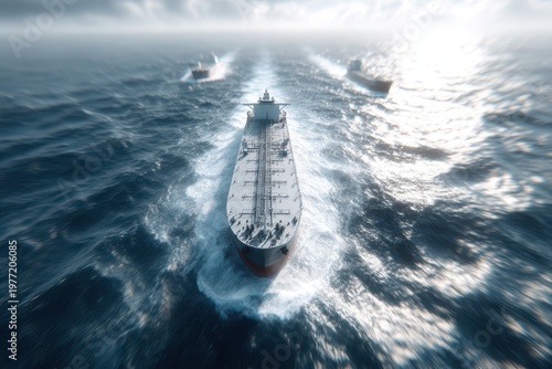 Aerial view of a fleet of large cargo ships sailing across a choppy blue ocean with dramatic cloudy skies.