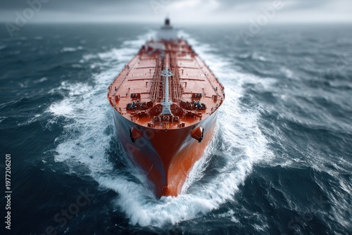 Massive orange tanker ship sailing through choppy dark blue ocean waters, creating white foam.