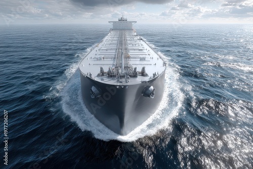 Massive cargo ship sailing through the ocean, creating a foamy wake, under a cloudy sky.