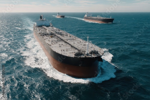 Three large oil tanker ships sailing in formation on a vast blue ocean under a clear sky.