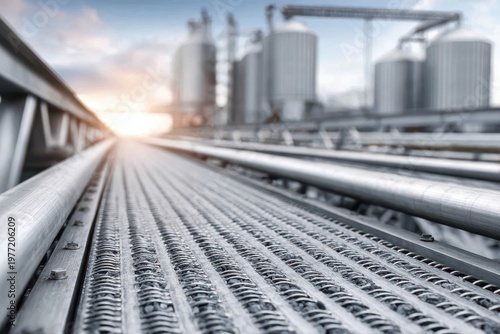Industrial complex with large silos and metal walkways under a dramatic sunset sky
