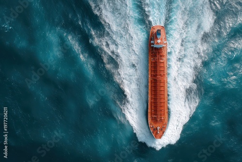 Aerial view of a large orange cargo ship sailing through deep blue ocean waves, creating white foam.