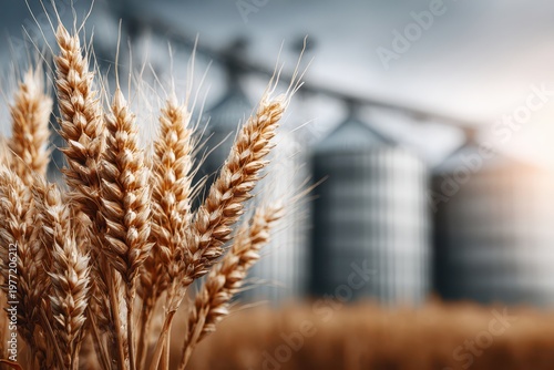Close-up of ripe golden wheat ears in a field with industrial grain silos in the background.