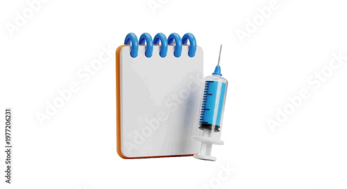 Vector illustration of 3d render of a blank notepad with a medical syringe on a transparent background