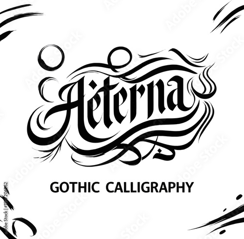 Create a realistic Calligraphy wallpaper, Contemporary Gothic calligraphy with Arabic influences. Swirls, circles, brush strokes, curves, wavy lines, Arabic style. Brush stroke Vector letters art.