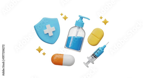 Vector illustration of 3d medical icons set with shield, sanitizer, pills, and syringe on a transparent background