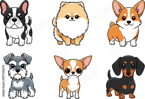 Cute Cartoon Dog Breeds Set Including French Bulldog, Pomeranian, Corgi, Schnauzer, Chihuahua, and Dachshund