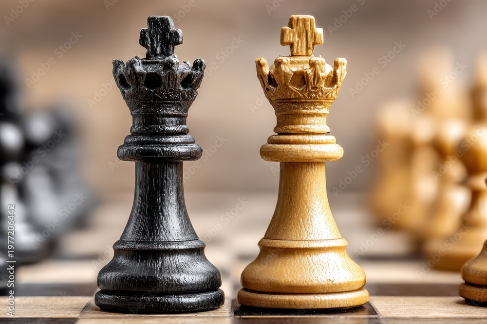 Fototapeta premium Close-up macro shot of black and white king chess pieces facing each other on a chessboard.