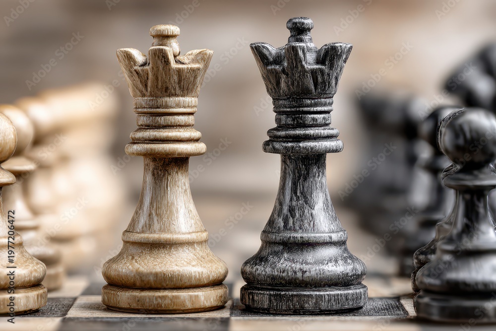 Fototapeta premium Close-up of two weathered chess queens, one light and one dark, facing each other on a board.