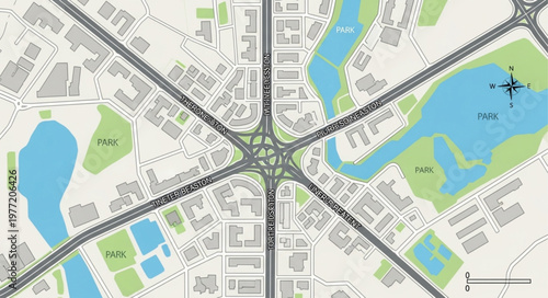Aerial View of a Complex Highway Interchange with Surrounding Urban Landscape.