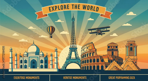 Explore the world monuments illustration with famous landmarks and transportation