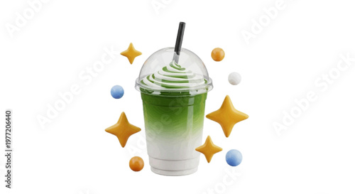 Vector illustration of green matcha latte or smoothie in a plastic cup on a transparent background