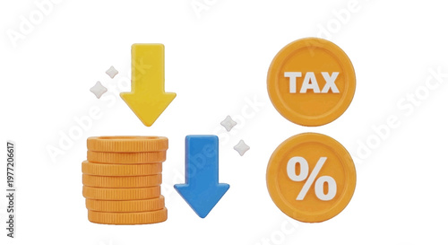 Vector illustration of 3d illustration of a stack of coins with downward arrows and tax symbols on a transparent background