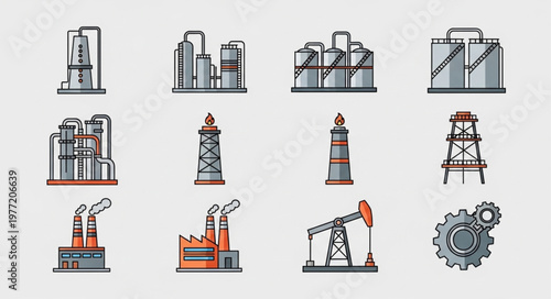Industrial Plant and Oil Refinery Icons Set - Manufacturing and Energy Production.