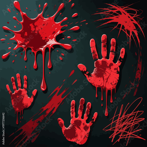 Create a realistic Bloody Splatter and Horror Handprint Graphic Elements Set. Red blood splatters, drips, handprints, and horror-themed scribbles. Grunge design elements with splashes, traces, drops. 