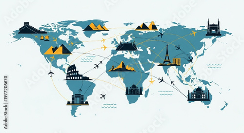 World map with travel destinations and landmarks global tourism concept with iconic buildings and planes
